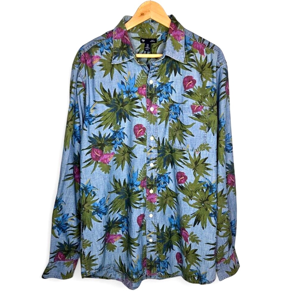 Gap‎ Slim Fit Light Denim Floral Shirt Women's Button Down Garden Tropical XL